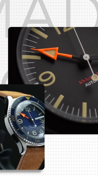 analog watch, leather strap watch, automatic watch, sports watch, mens watch, new arrival, bestseller push, brand awareness, minimalist, editorial, luxurious, trustworthy, neutral, blue, orange